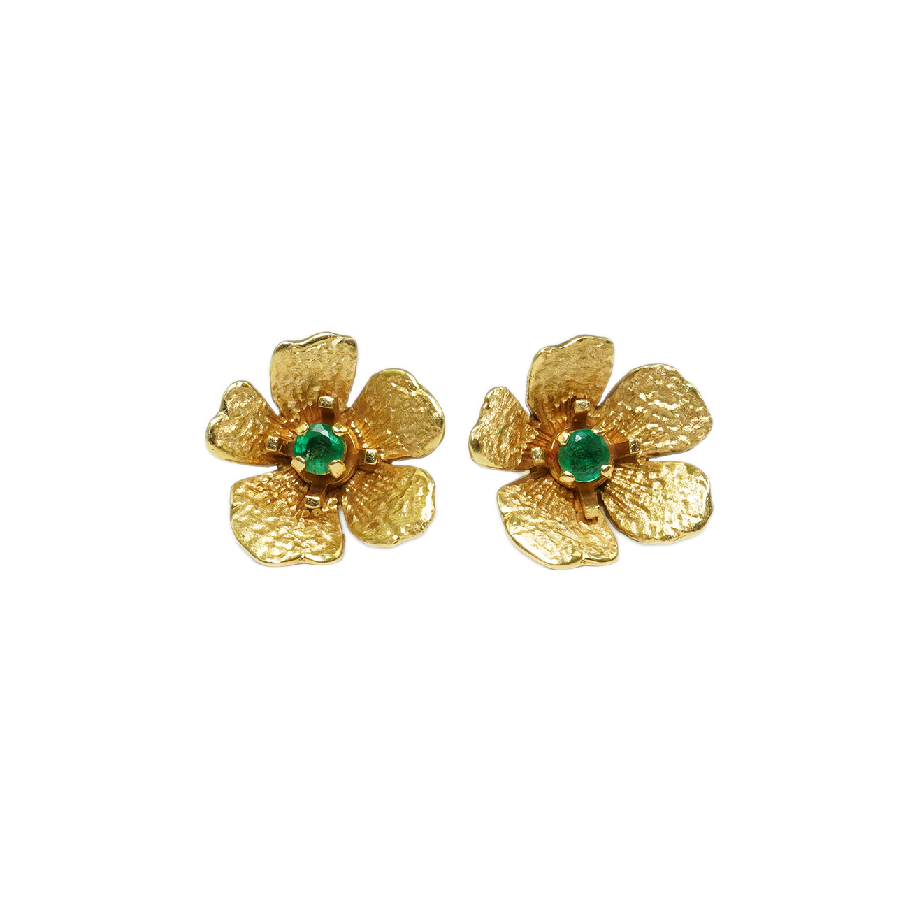 A pair of 1970's 18ct gold and single stone emerald set flower head earrings